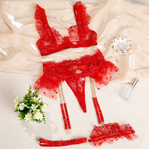Ensemble de lingerie sexy en maille transparente avec broderie florale et chaîne métallique, vente en gros - Product Image 6