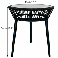 Table d'appoint ronde en corde tressée avec plateau en verre trempé noir, table d'extérieur pour patio, table de jardin, table de balcon, table basse avec pieds en acier