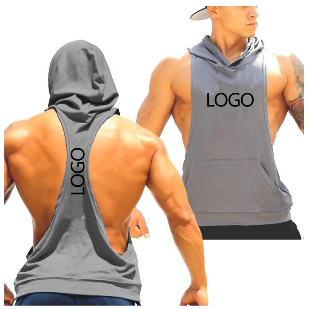 2023 Men Workout Hooded Tank Tops Sports Bodybuilding Stringer Muscle Cut Off T Shirt Men's Sleeveless Gym Hoodies