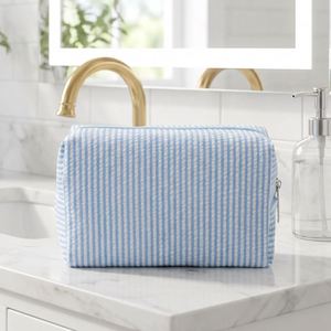 Pochette de voyage moderne brodée à rayures grande capacité, sac de rangement portable en tissu pour articles de toilette, idéal pour les cadeaux de bienvenue - Product Image 4