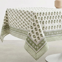 Nappe en coton pur imprimée motif botanique ivoire avec bordure rayée pour salle à manger rustique et décoration intérieure