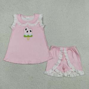 GSSO3238 rts Little Active Girl ชุดเด็กผู้หญิงลายแตงโมสีชมพูปักลายแขนกุดขายส่งชุดฤดูร้อนสำหรับเด็ก - Product Image 2