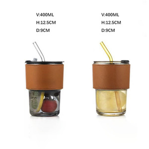แก้วน้ำแบบมีหูจับ ขนาด 400 มล. ทนความร้อน พร้อมปลอกหนัง แก้วน้ำสำหรับเดินทาง ใส่กาแฟ นม ชา พร้อมหลอดดูด สกรีนโลโก้ได้ - Product Image 2