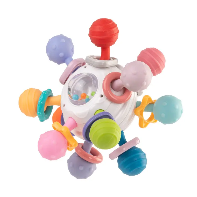 새로운 아기 장난감 0-1 세 퍼즐 조기 교육 아기 연삭 껌 원자 볼 그립 훈련 링