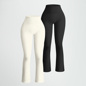 High Waist Yoga Pants <strong>Tight</strong> Leggings for Women Seamless Flare <strong>Rib</strong> Knitted Spandex/Nylon Solid Pattern - Product Image 1
