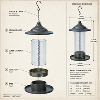 Mangeoire à oiseaux en tube transparent, résistante à la rouille, écologique, décorative, en métal antique, avec chaîne de suspension pour toit, réservoir de graines et plateau de base