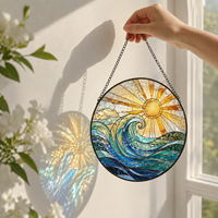 Attrape-soleil en vitrail Art Déco motif vague marine 8 pouces, décoration de fenêtre sur le thème de l'océan, cadeaux de plage pour amis, couples, famille, collègues