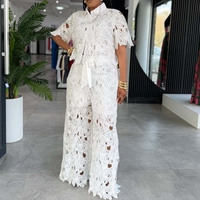 Ensemble pantalon deux pièces pour femmes, vêtements de boutique, streetwear, chemise à manches courtes avec broderie ajourée et pantalon large, ensemble deux pièces