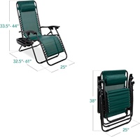 Chaise longue inclinable en maille d'acier réglable à gravité zéro avec oreillers, porte-gobelets et plateaux, vert forêt