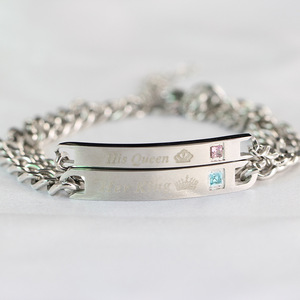 Valentine's Day <strong>Gift</strong> Simple Her King His <strong>Queen</strong> Crown Stainless Steel Diamond Couple Bracelet - Product Image 1