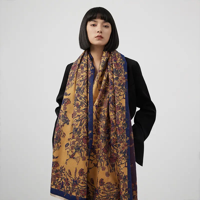 2023 शरद ऋतु सर्दियों का नया फैशन पुष्प मुद्रण स्कार्फ गर्म कश्मीरी पैशमीना महिला शॉल थोक