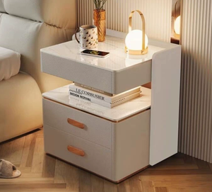 طاولة سرير ذكية حديثة رخيصة بالجملة مع شاحن لاسلكي LED ودرجين، طاولة جانبية ذكية - Product Image 6