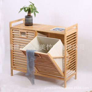 Bamboo Clothing Organizer Storage Cabinet With Slatted Doors And Handles For <b>Laundry</b> Room Use - Product Image 3