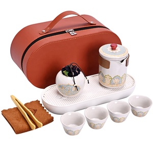 Service à thé de voyage en céramique rétro chinois chic 9 pièces - <span class=keywords><strong>Théière</strong></span> à double paroi <span class=keywords><strong>avec</strong></span> enveloppe en bois isolante, 4 tasses, boîte à thé, plateau et étui - Product Image 5
