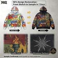 Sweat à capuche zippé en coton épais 480 g/m² avec imprimé graffiti intégral, strass et délavage acide – Fabricant de streetwear personnalisé en gros