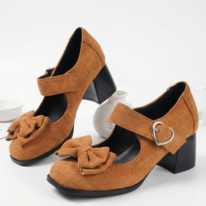 Women Square Toe Chunky Heels Shoes <b>Big</b> Size 47 Dress Office Ladies Mary Jane Wide Fit Shoes Front <b>Bow</b> Suede Working Pumps - Product Image 6