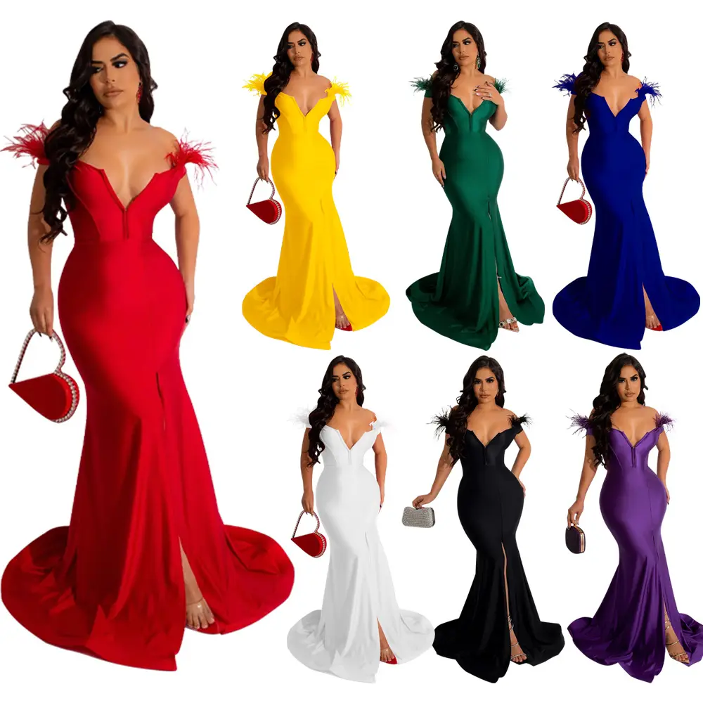 J&H 2023 new arrivals chic ruffled one shoulder satin maxi dress women elegance high slit sexy party evening gowns