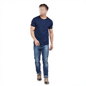 เสื้อยืดผู้ชายทรงปกติ ผ้าฝ้าย 100% คอกลม แขนสั้น เป็นมิตรกับสิ่งแวดล้อม ลายจุดสีน้ำเงินด้านหน้า สไตล์ลำลอง เนื้อผ้าเจอร์ซีย์ ระบายอากาศได้ดี ถักทออย่างประณีต - Product Image 4