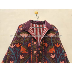 Indian Women's Boho Chic <b>Vintage</b> Style Regular Winter Jacket Trending Handmade Suzani Embroidery Velvet Quilted Autumn Cotton - Product Image 3