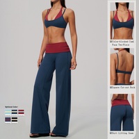 Ensemble de yoga 5 pièces pour femme, haut court dos nu effet deux pièces, pantalon évasé taille haute, dos ajouré, pour la gym et le fitness, vente en gros OEM