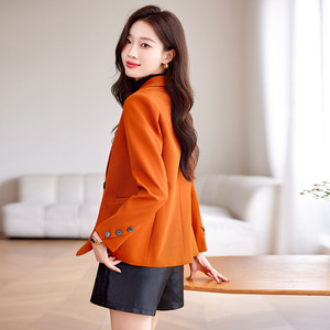 Women's Single Button Blazer Orange Solid Color Polyester Slim Fit Casual Autumn 2024 Style - Product Image 4