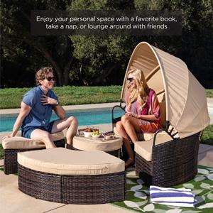 Chaise longue d'extérieur en rotin tressé, canapé-lit rond avec auvent, mobilier <span class=keywords><strong>de</strong></span> patio, lit <span class=keywords><strong>de</strong></span> soleil <span class=keywords><strong>de</strong></span> <span class=keywords><strong>plage</strong></span>, canapé-lit rond en rotin - Product Image 2