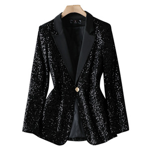 Women's Black <b>Sequined</b> Blazer Solid Color Polyester Fiber Spring Autumn Stylish <b>Jacket</b> - Product Image 5