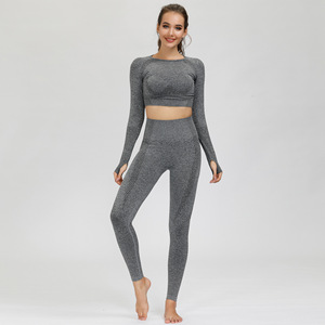 <span class=keywords><strong>Conjunto</strong></span> de <span class=keywords><strong>gimnasio</strong></span> para <span class=keywords><strong>mujer</strong></span>, Top corto de manga larga sin costuras, mallas, ropa de Yoga, función Scrunch, <span class=keywords><strong>conjunto</strong></span> de 2 piezas elástico con estampado sólido - Product Image 4