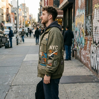 Blouson Bomber Homme Vert Olive Imprimé Urbain Respirant Coupe-Vent Style Vintage Vêtement de Travail Col Montant Personnalisé Haute Qualité Décontracté