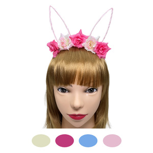 女性の女の子のための花のヘッドピースとファブリックバニー耳ヘッドバンドイースターウサギ耳ヘッドバンド - Product Image 2