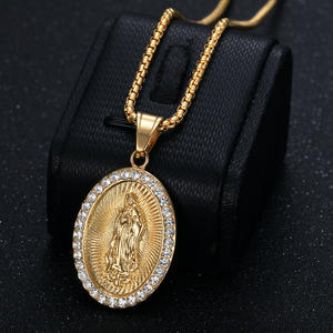Hip Hop Religioso Titanio Acero Joyería Rhinestone CZ Blessed Saint Hail Virgen María Colgante Collares - Product Image 5
