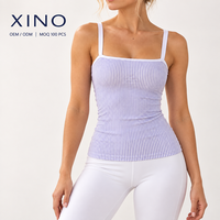 Débardeur de yoga personnalisé à rayures et col carré pour femme, coupe ajustée, longueur longue, pour l'entraînement, marque privée, fabricant OEM ODM