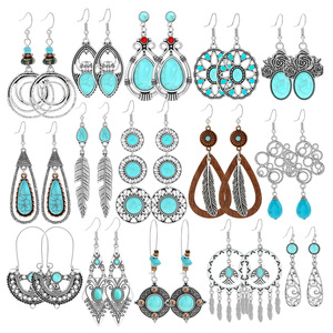 Boucles d'oreilles pendantes tendance pour femmes, style bohème, géométriques, en alliage, plaqué argent antique, avec turquoise, ensemble de bijoux - Product Image 1