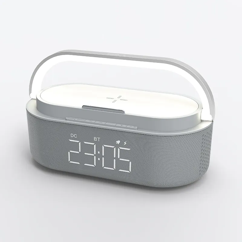 Nuevos dispositivos 2024 Cargador inalámbrico Altavoz Bluetooth Despertador 15W Cargador Qi para el hogar con lámpara de mesa