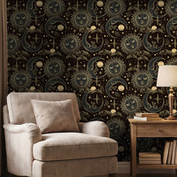 Papier peint vintage avec soleil, lune, étoiles et visages souriants, moulures murales, mur de salle de bain, crédence de cuisine, mur de salon