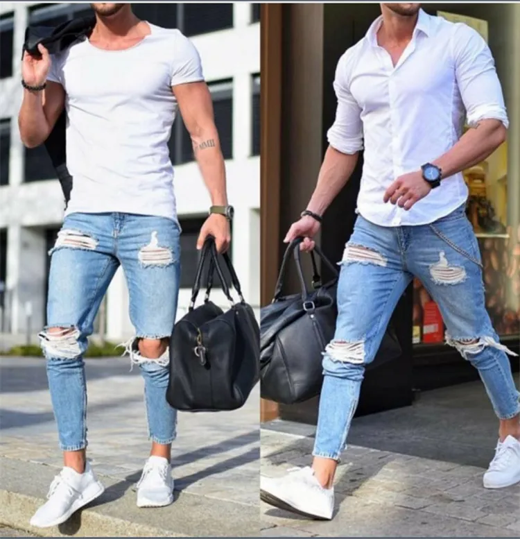 Jeans ramping untuk pria, Jeans kurus sobek biru pas badan Dropshipping desain baru