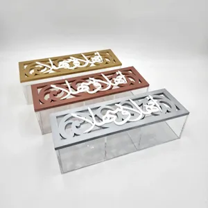 Cajas acrílicas de Ramadán transparentes personalizadas al por mayor con diseño de caligrafía árabe caja acrílica para dulces a la venta