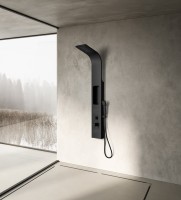 Colonne de douche murale en alliage d'aluminium noir avec jets de massage en cascade et étagère à shampoing intégrée pour salles de bain