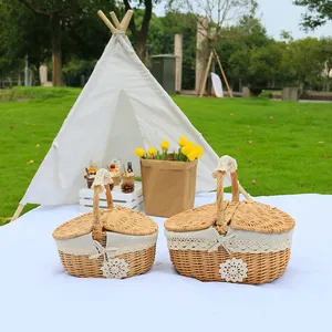 New Design Wicker Handwoven Picnic Basket Box Portable Storage Basket For Outdoor Picnic