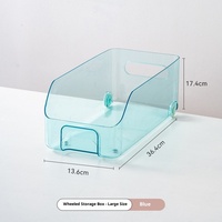 Boîte de rangement transparente bleu clair en plastique avec roulettes pour réfrigérateur, pour le stockage de boissons, fruits, légumes, et pour armoire de cuisine