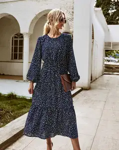 fashion Polyester puff sleeve dress One-piece elegant women casual dress large hem design breathable polka dot 536371