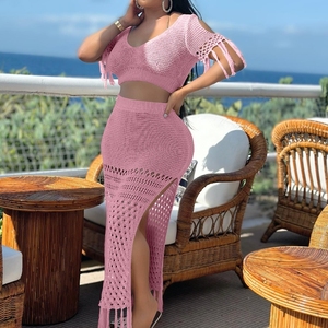 Women's Casual Sexy <b>Split</b> Woolen Hand Crochet Knit Tassel Top <b>Skirt</b> 2 Piece Set Fashion - Product Image 5