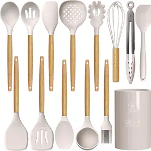 Bpa Free Heat Resistant Silicone Cookware Cooking Kitchen Utensil Spatula Set Utensils Set With Wooden Handle