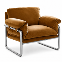 Fauteuil lounge individuel en velours d'inspiration Bauhaus du milieu du siècle ; Fauteuil club minimaliste italien légèrement luxueux avec accoudoirs en métal