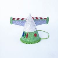 Chapeau de fête en forme de cône vert pailleté pour 2e anniversaire garçon/fille avec conception d'avion Fournitures de fête d'anniversaire pour tout-petits
