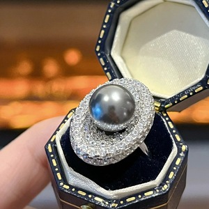 Ensemble collier, bague et boucles d'oreilles en argent sterling S925 avec perle grise de Tahiti Shijia et diamants complets pour femmes, bijoux fins et raffinés - Product Image 3