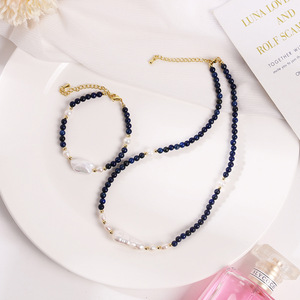 Ensemble collier et bracelet en perles de lapis-lazuli, style minimaliste simple, ornement classique baroque pour femmes, à porter au quotidien, pour les occasions décontractées - Product Image 4