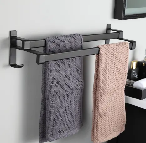 New Adhesive Aluminum Matte Black Bathroom Double Hand Towel Bar Towel Rack Towel Rod Holder with Hook