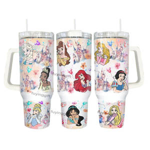 Bouteille isotherme en acier inoxydable de 40 oz avec logo personnalisé, motif Princesse de dessin animé, avec poignée et paille - Product Image 4