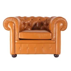 Modern Classic Vintage Luxury Full Real Leather Brown Button Tufted Chesterfield Sofa